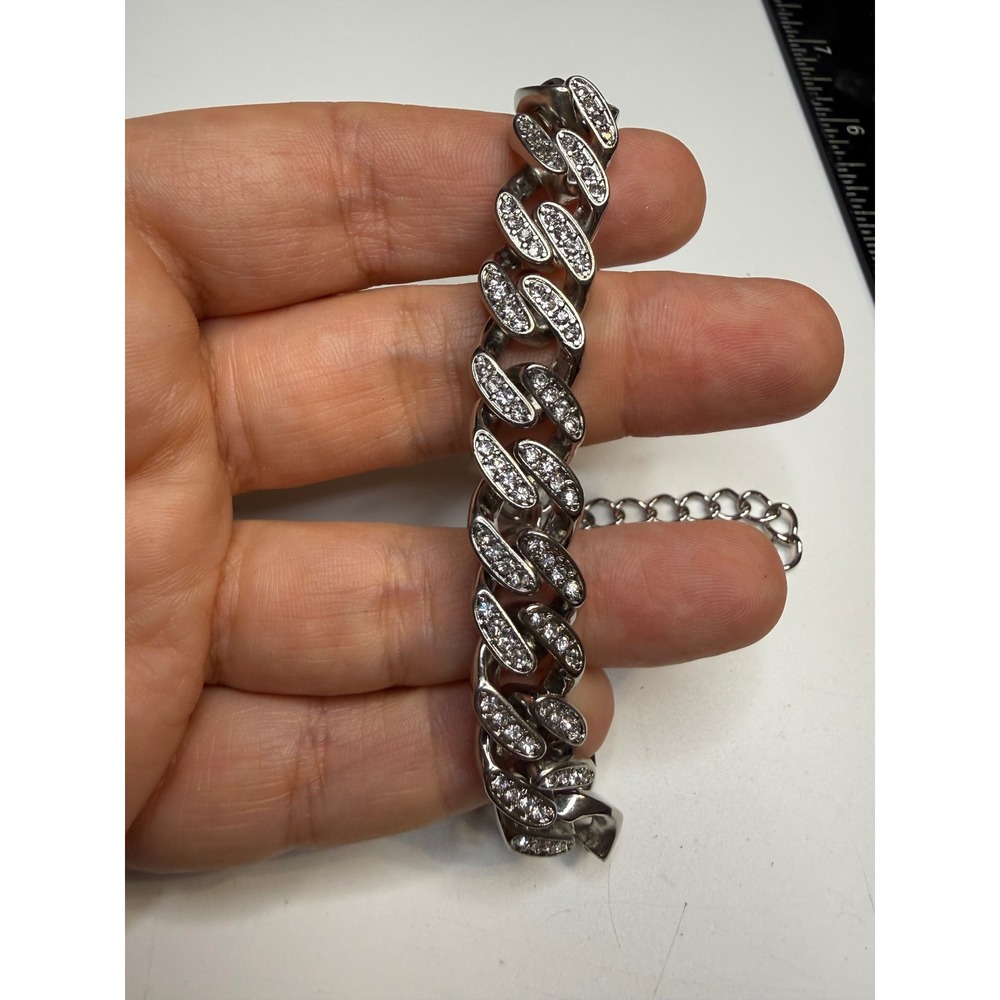 Silver Tone Pave Rhinestone Cuban Link Curb Chain Adjustable Bracelet Crown Logo